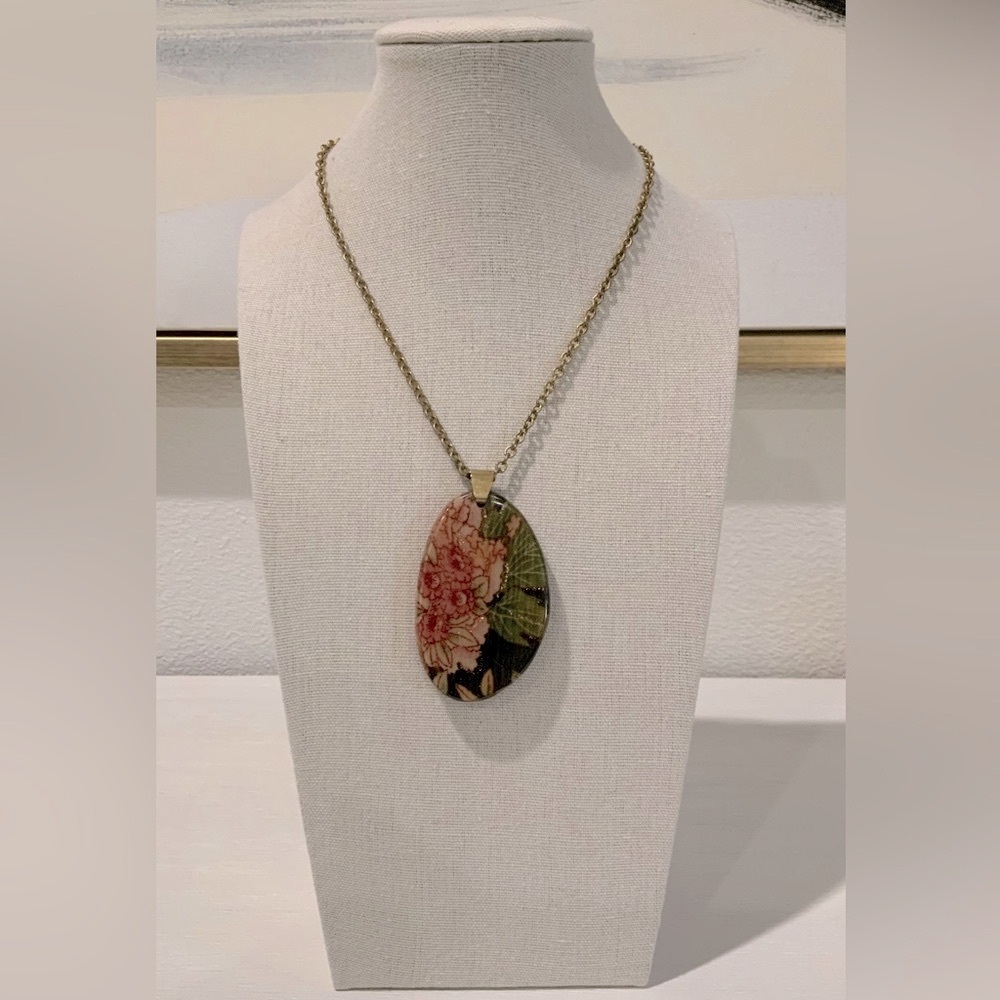 Gold Necklace with pink flower and green leaves pendant-brown with gold glitter